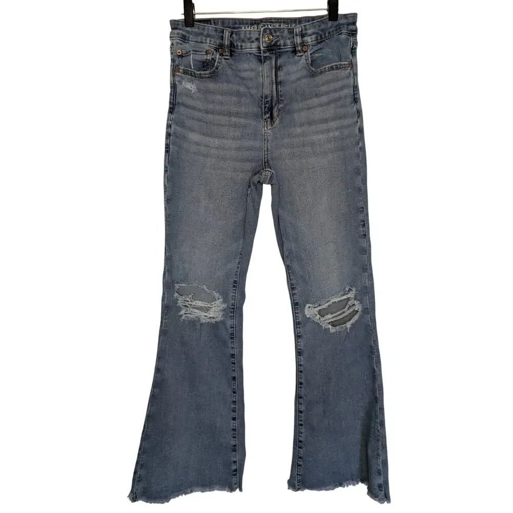 American Eagle Women Jeans, Medium Wash Super High Rise Flare Jeans, Sz 10R